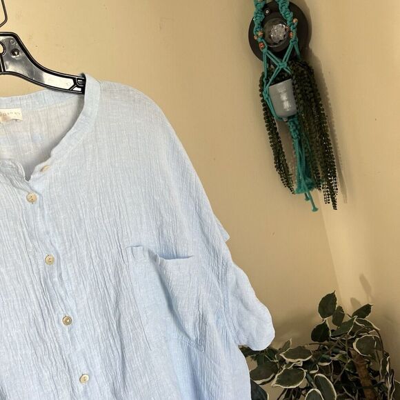 Poetry Linen Top Blouse Shirt Baby Blue Mother Pearl Button US 18 UK 22 New - Picture 2 of 11